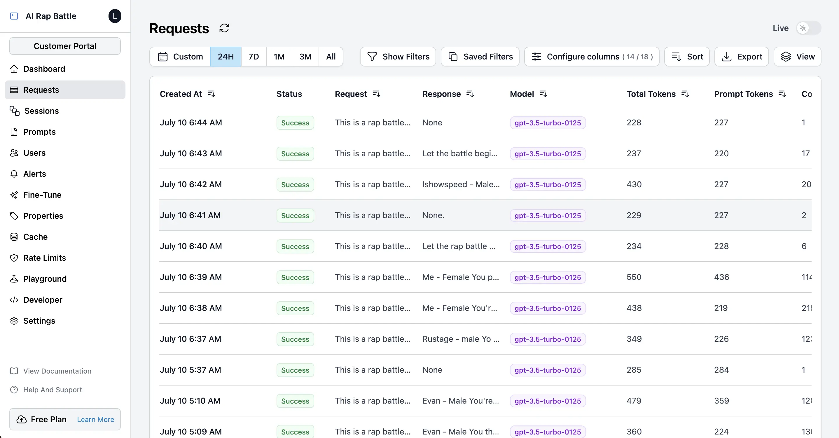 Track requests and agent workflows in real-time on Helicone's Request page